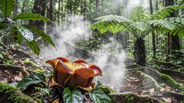 Large blooming Rafflesia flower emitting mist in dense tropical rainforest.