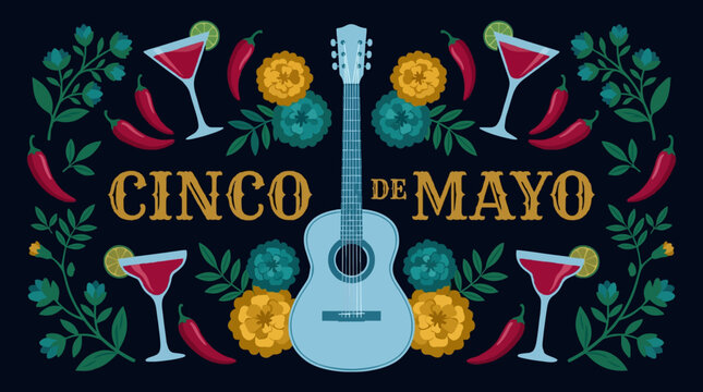 Cinco de Mayo Night Festival Typography with Guitar and Floral Symmetry