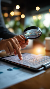 Close up of a hand using a magnifying glass over a digital data analysis form checklist on a tablet showing reports and online task verification warm office lighting