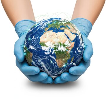 A close up view of medical gloved hands gently holding the planet earth on a plain white background