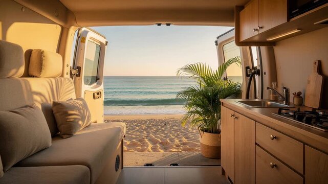 Cozy camper van interior with ocean view and sandy beach at sunset for outdoor travel and adventure