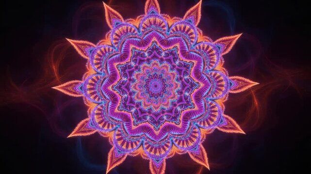 Colorful glowing mandala pattern with intricate neon design and vibrant symmetrical shapes on dark background