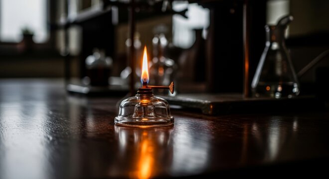 Spirit Lamp Burning with Gentle Flame on Wooden Surface