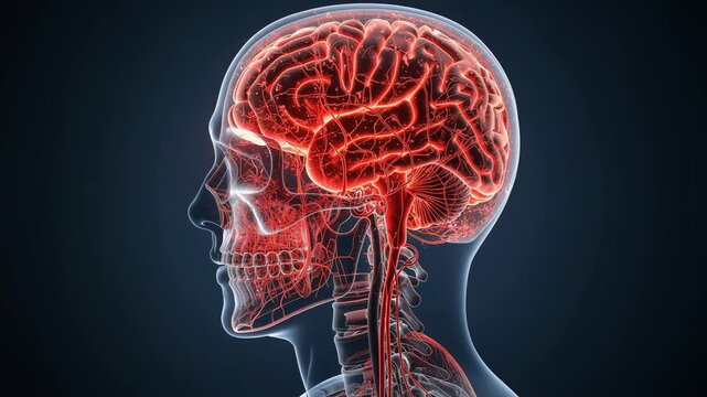 Detailed 3D illustration of human brain and skull anatomy showing nerves and blood vessels