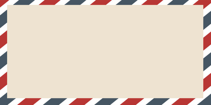 Vintage airmail postcard back template with diagonal blue and red stripe. Travel post card blank backside. Air mail envelope frame with postage place. Vector illustration isolated on white