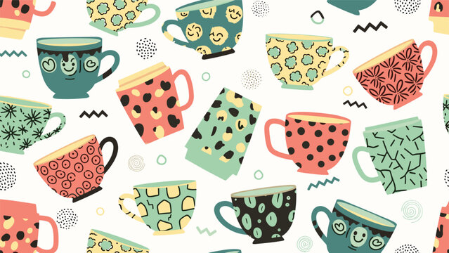 Lively seamless pattern featuring a charming array of colorful and uniquely patterned coffee cups and mugs, scattered across a white background with playful abstract doodles.