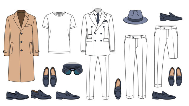 Men fashion collection includes an overcoat a double breasted suit t-shirt trousers various shoes a hat and vintage goggles.