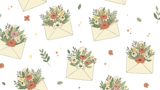Charming seamless pattern featuring open cream envelopes filled with beautiful wildflower arrangements and delicate green leaves on white.