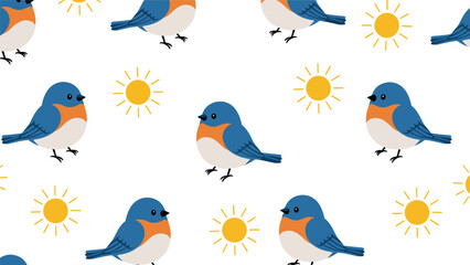 Fototapeta premium Delightful seamless pattern featuring cute little blue birds with orange breasts and bright yellow suns on a clean white background.