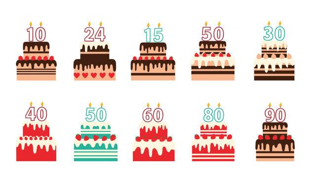 Grand collection of ten multi-tiered birthday cakes, all adorned with glowing candles and various numbers including 10, 24, 15, 50, 30, 40, 60, 80, and 90.