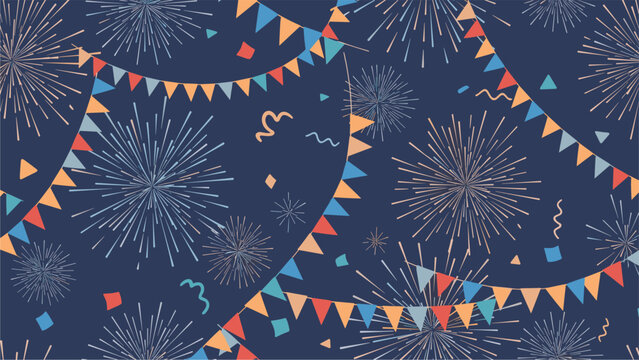 Celebration seamless pattern featuring vibrant fireworks colorful bunting flags and festive confetti on a dark blue background.
