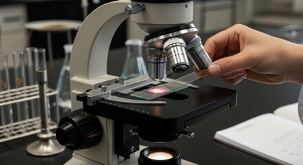 Fototapeta premium Student Hand Places Slide Under Microscope in Lab