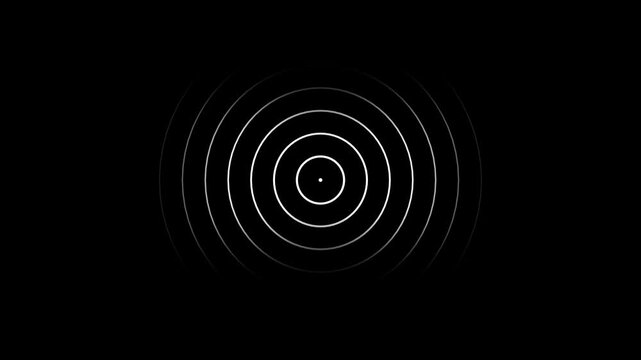 Concentric white circles radiating outwards from a central point against a stark black background creating a visual representation of sound waves or a ripple effect in a minimalist abstract