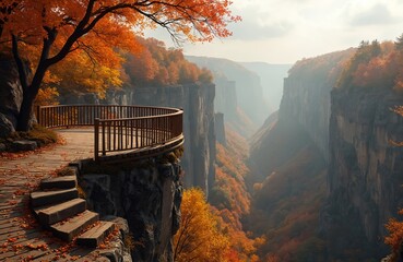 Obraz premium Wooden walkway path leads to lookout balcony over autumn canyon. Orange tree leaves cover ground. Scenic fall mountains visible in distance.
