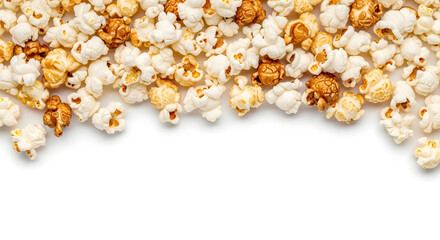 Fototapeta na wymiar A pile of caramel and butter popcorn kernels on a white surface for snacking or movie night