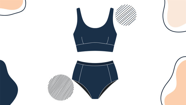 Stylish two-piece dark blue swimsuit featuring a sports bra top and high-waisted bottoms, set against abstract pastel-colored background shapes.