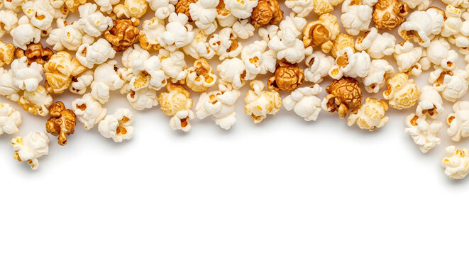 A pile of caramel and butter popcorn kernels on a white surface for snacking or movie night