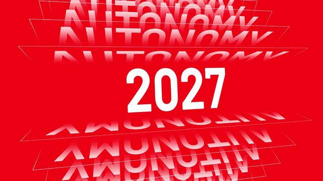 Year 2027 and the word autonomy in repeating lines on red background future technology futuristic