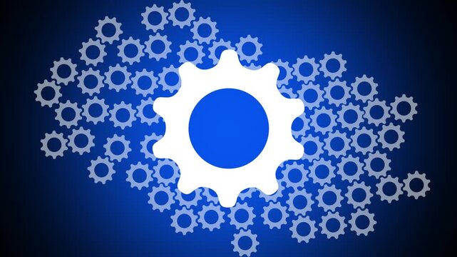A large white gear with a bright blue center is prominently displayed against a dark blue background filled with numerous smaller, lighter grey gears creating a sense of mechanical complexity and