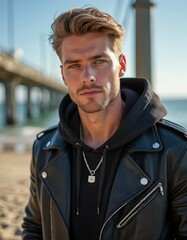 Fototapeta premium Blond man with beard wears black leather jacket and hoodie. He stands on beach near pier. Ocean and clear sky in background. He looks at camera.