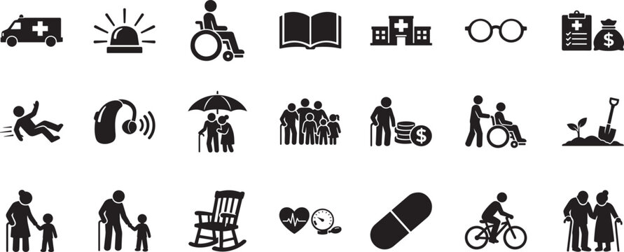 Elderly icon set editable vector eps for senior care, retirement, healthcare and aging population concept design