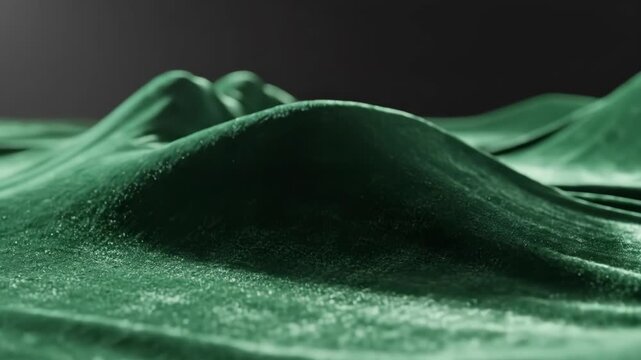 Rippling dark green velvet fabric surface creating soft hill shapes with cinematic lighting.