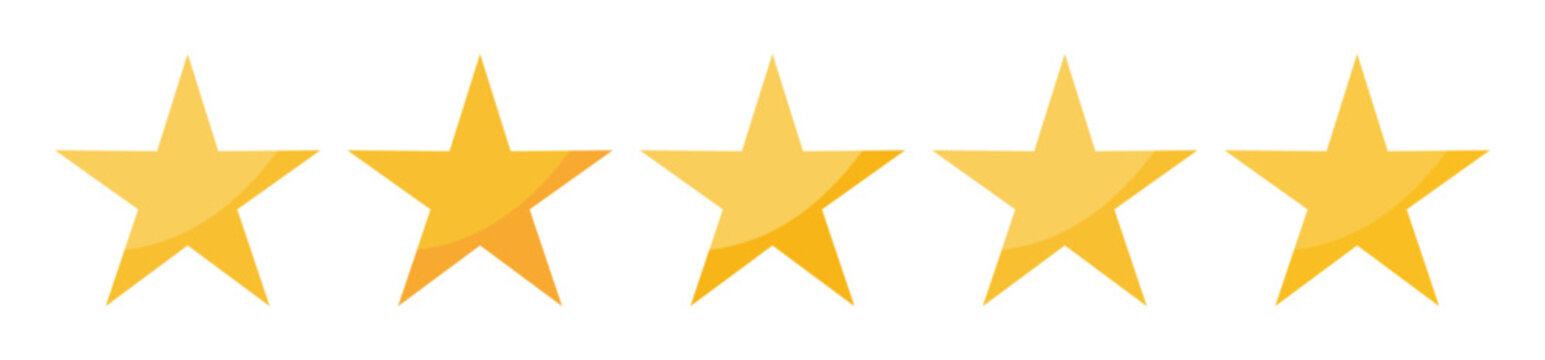 Five stars rating. Symbol of customers rating for product or service. yellow five star sign with text for app, website, design element. 