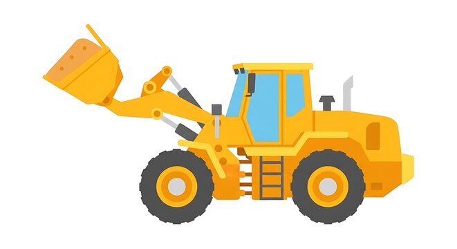 Industrial front end loader with bucket raised, isolated on white background, flat vector illustration