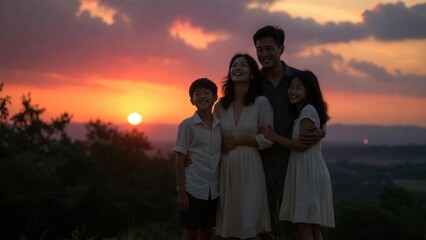 Fototapeta premium Family at dramatic sunset on hill background for banner and wallpaper showing joyful parents and children embracing outdoors