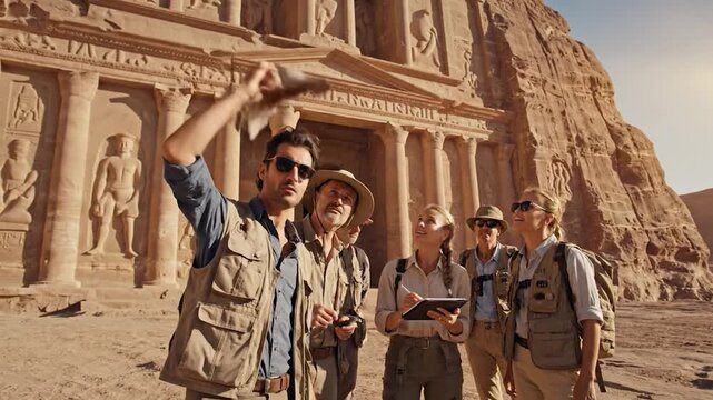 Tourists exploring ancient Petra ruins Jordan.