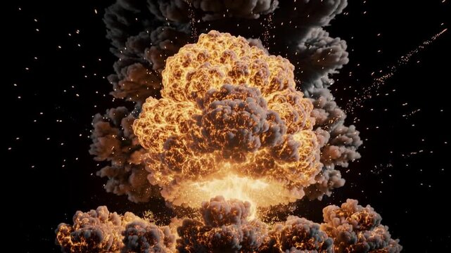 Massive fiery explosion with bright flames and dark smoke clouds in dramatic intense blast