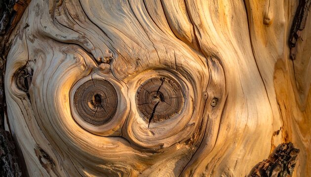 Gnarled tree bark pattern with two owl-like knots