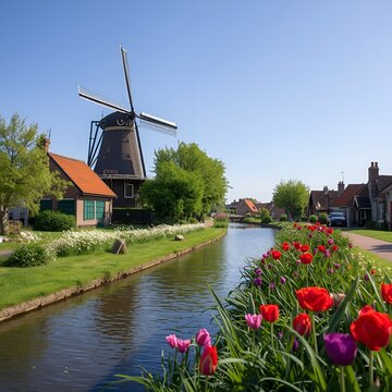 dutch windmill with river and garden flower 