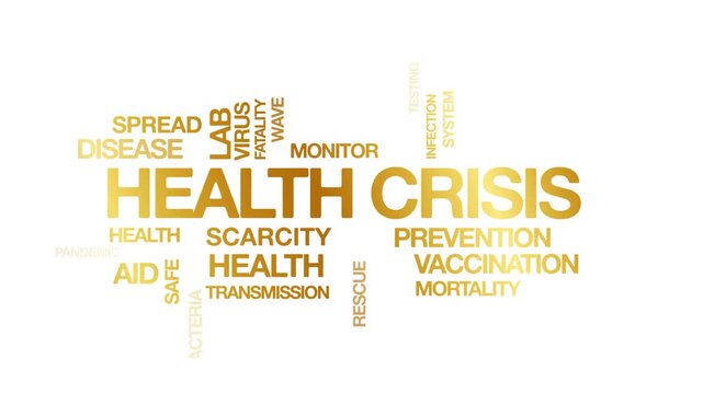 Health crisis concept Animated Tag Word Cloud kinetic typography, Text Design Animation typography seamless loop video motion graphics Intro Wordart arrangement golden type on white background bg back