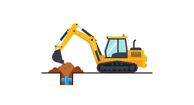 Excavator digging a trench to repair a broken water pipe underground construction and repair work