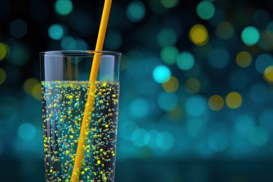 Tall sparkling drink glass with yellow straw and floating golden bubbles against teal bokeh lights