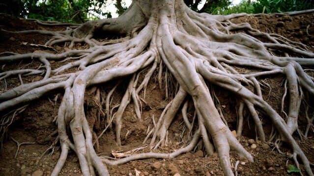 Wide spread exposed banyan roots splayed over eroded earth for background texture and landscape poster design