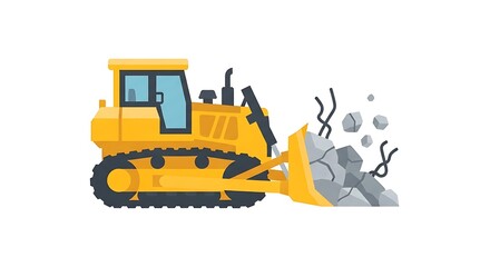 Obraz premium Bulldozer pushing rocks, heavy construction machinery clearing site, flat illustration isolated on white