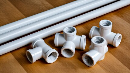 Fototapeta premium White pvc pipes and fittings on wooden floor plumbing materials