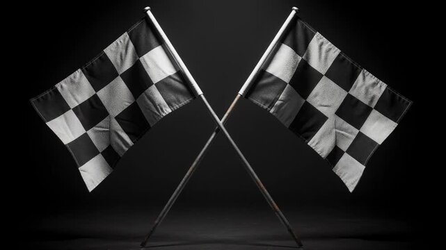 Black and white checkered racing flags crossed on dark background symbolizing motorsport finish line and victory