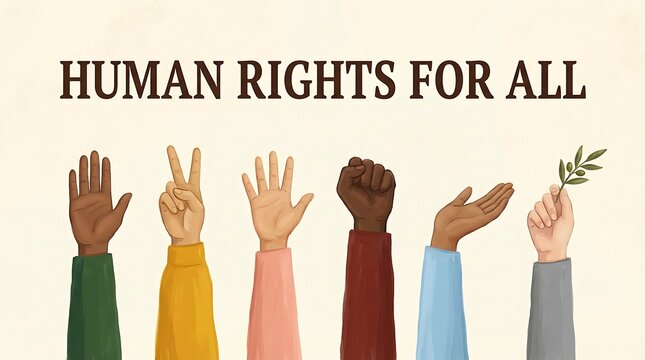Human rights for all a diverse representation of hands raised in solidarity and equality