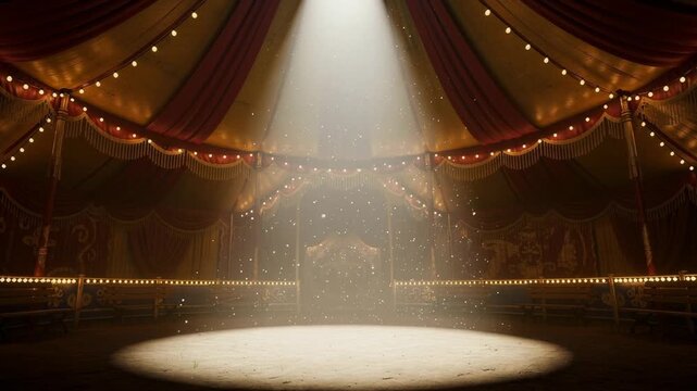 Empty vintage circus tent interior with spotlight shining on dusty ground and festive string lights