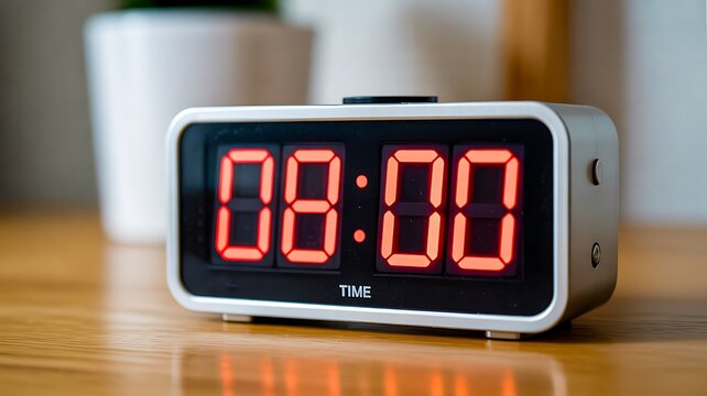 Digital alarm clock showing eight o clock on desk