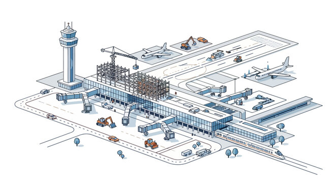 Isometric Airport Infrastructure and Construction Illustration featuring Terminal Building, Control Tower, Airplanes, and High-Speed Train Hub