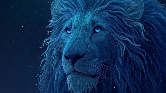 Majestic blue lion portrait with glowing eyes in a night setting.