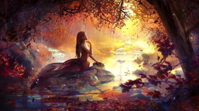 A beautiful young mermaid sings in the autumn forest, she is a long-haired girl, sitting on a stone in an elegant pose in the falling leaves and a forest river. clean looped 2d animated art