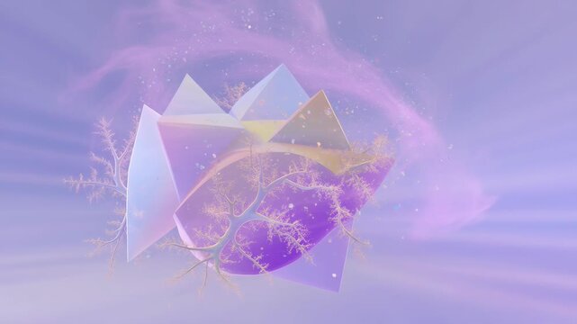 Abstract 3D crystal with fractal branches and purple smoke on a glowing background.