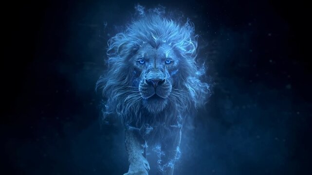 Majestic glowing lion walking forward in a mystical dark environment.