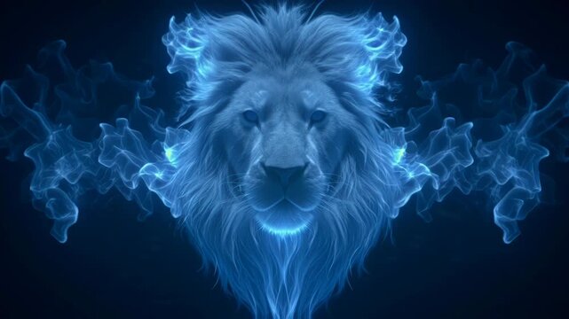 Digital artwork of a glowing blue lion head surrounded by smoke effects.