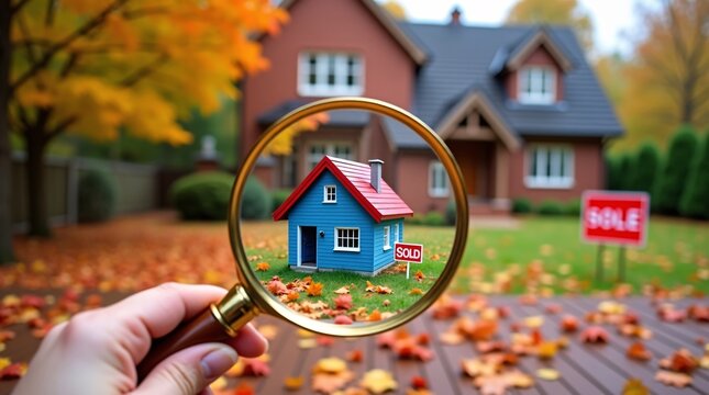 A hand holds a magnifying glass zooming in on a tiny blue cottage with a "SOLD" sign, set against a blurred large family home and autumnal fall landscape. 